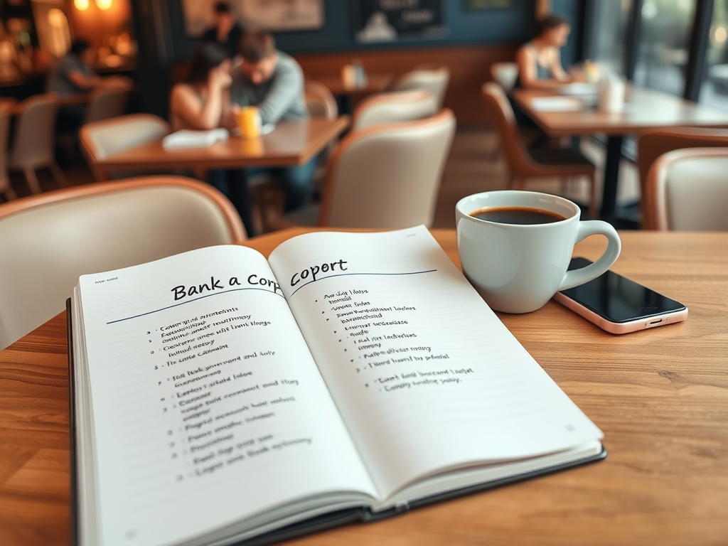 На столе лежит открытая книга с заголовком «Bank a Copert», рядом чашка кофе и телефон. В кафе.